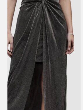 NWT ALLSAINTS Sami Black Silver Metallic gathered Midi Skirt SIZE 4 MSRP 135